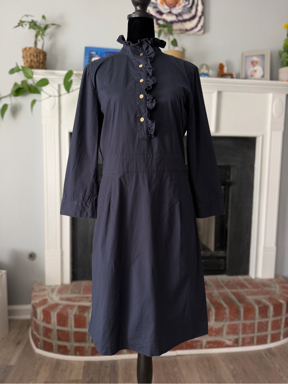 Tory Burch Navy Solid Button Front Ruffle 3/4 Sleeve Knee Shirt Dress 8
